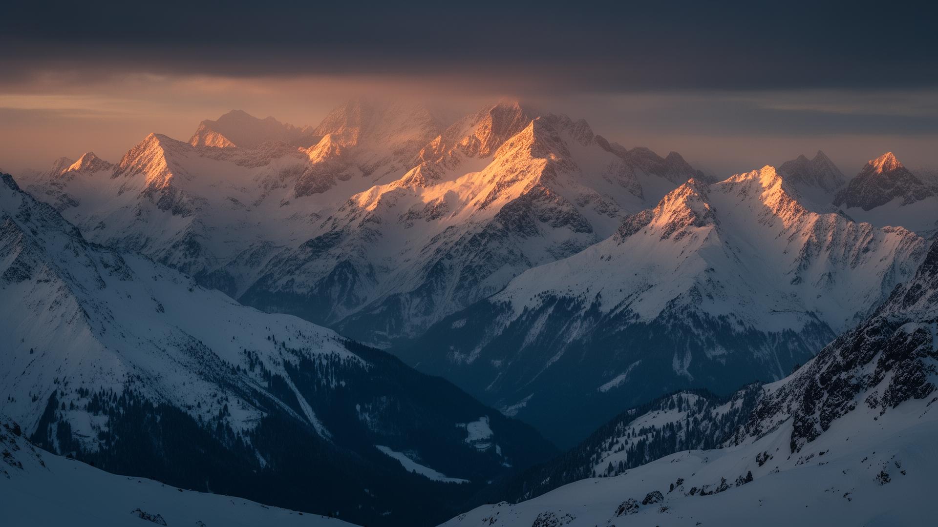 Besneeuwde alpentoppen bij zonsopgang